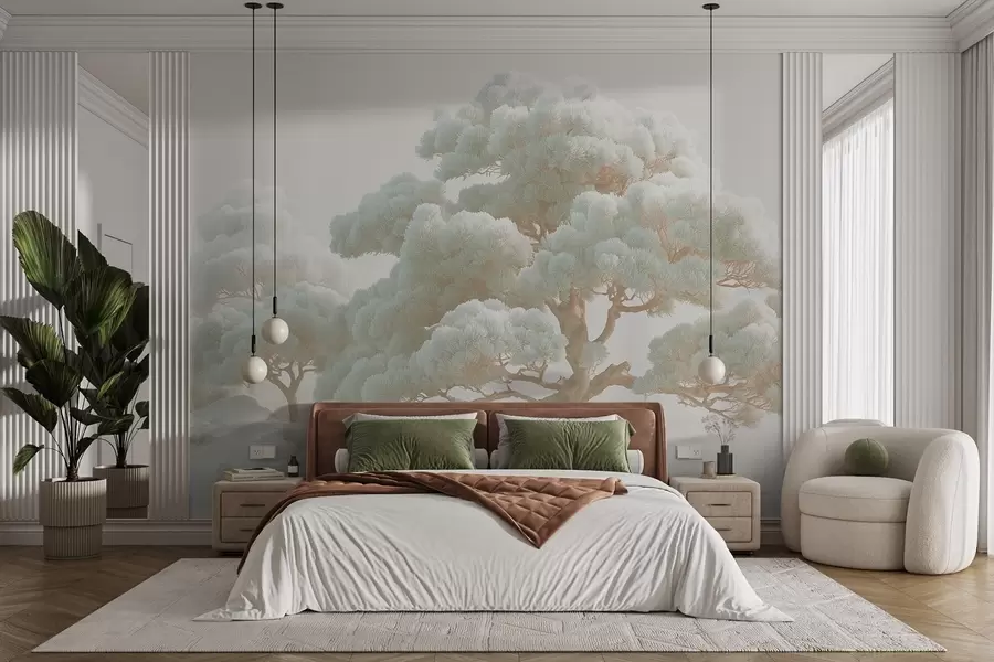 Fototapeta Sosny we mgle w delikatnych odcieniach stojące w lesie w09122