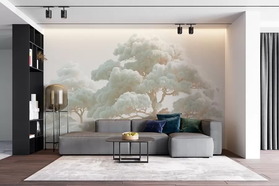 Fototapeta Sosny we mgle w delikatnych odcieniach stojące w lesie w09122