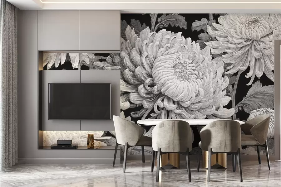 Fototapeta Czarno-białe duże storczyki z liśćmi w09125v1