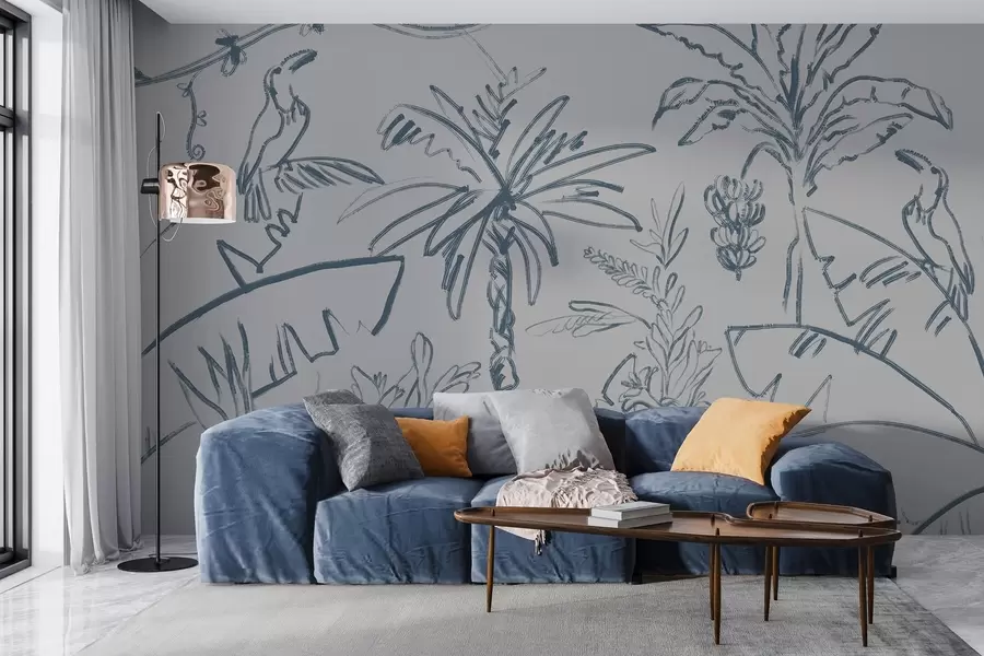 Fototapeta Tropikalny wzór w kolorze niebieskim, banany, palmy w04020v1