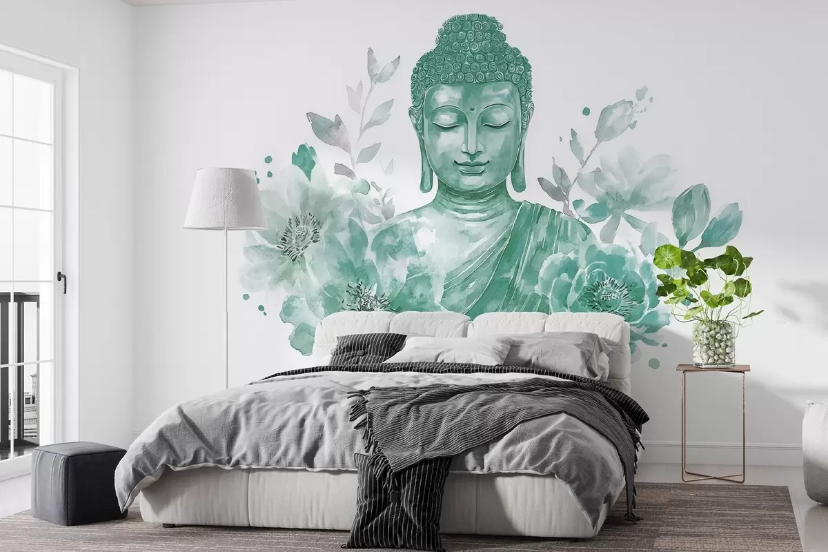 Fototapeta Akwarela Budda z kwiatami, duchowa, zielona paleta kolorów  w04005v3