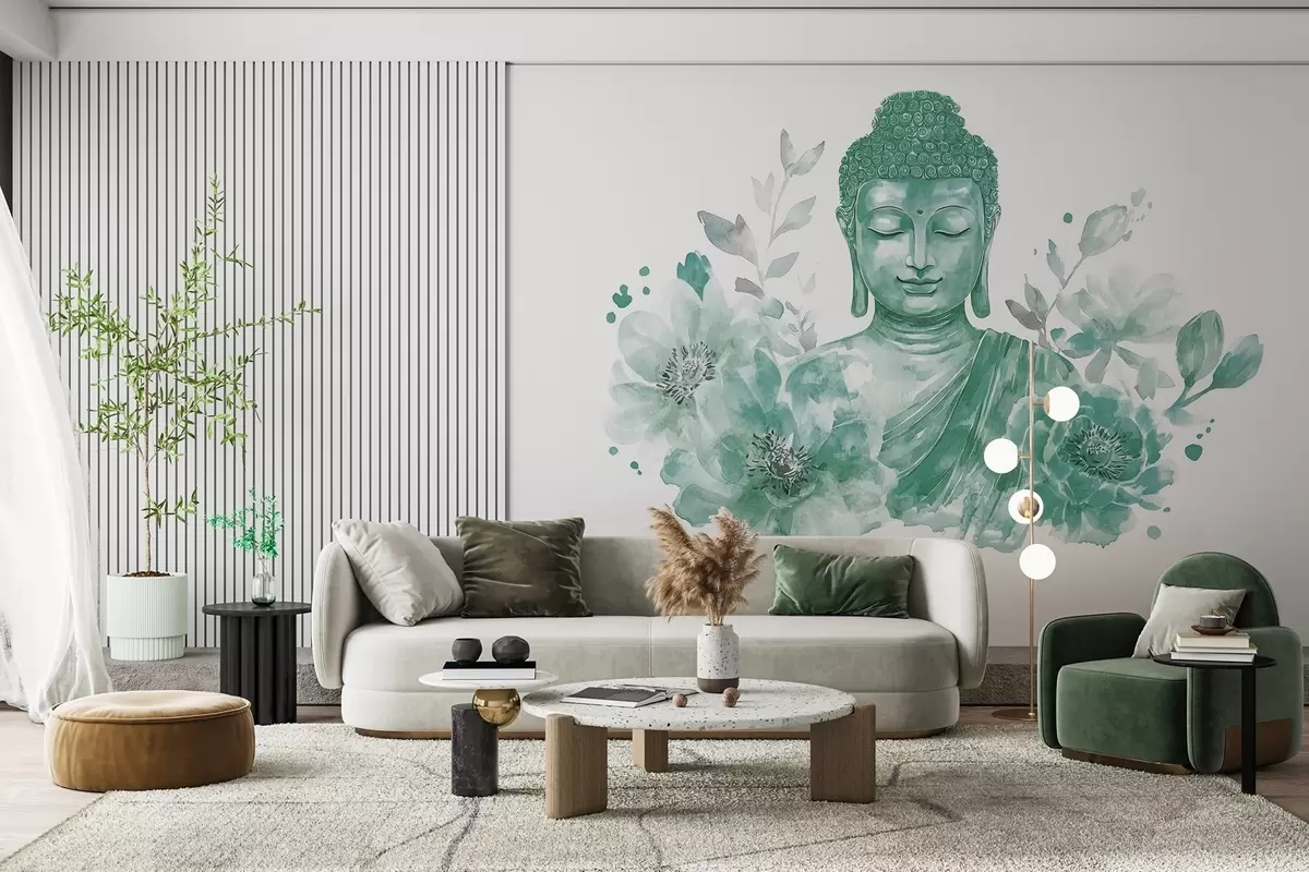 Fototapeta Akwarela Budda z kwiatami, duchowa, zielona paleta kolorów  w04005v3
