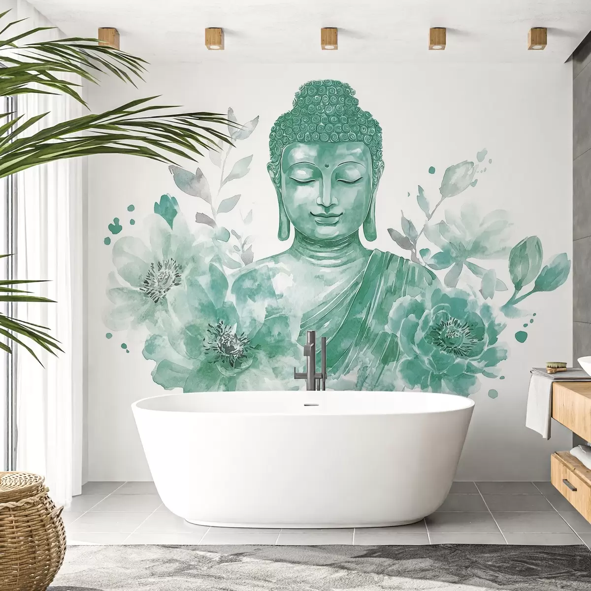 Fototapeta Akwarela Budda z kwiatami, duchowa, zielona paleta kolorów  w04005v3