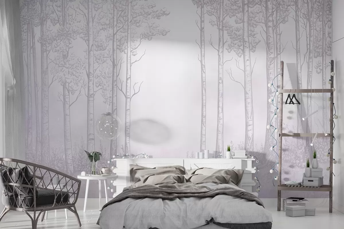 Fototapeta Las z brzozami, minimalizm, natura, różowa paleta kolorów  w04009v2