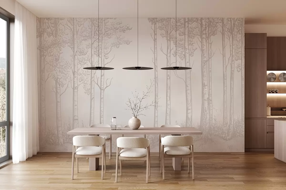 Fototapeta Las z brzozami, minimalizm, natura, beżowa paleta kolorów  w04009v3
