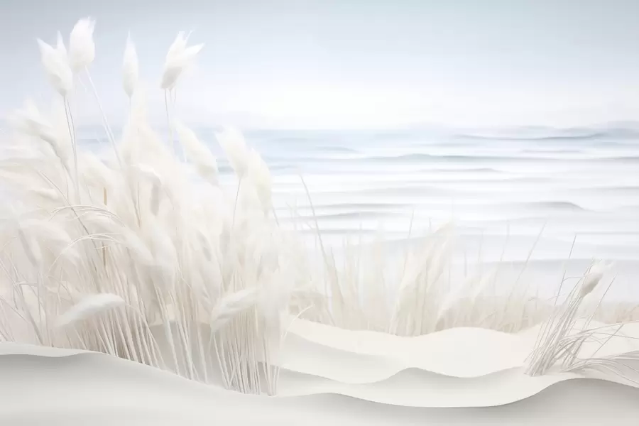 Fototapeta Krajobraz z białą trawą pampasową na wydmie, z jasnoniebieskim oceanem w tle, miękki, minimalistyczny styl w09132