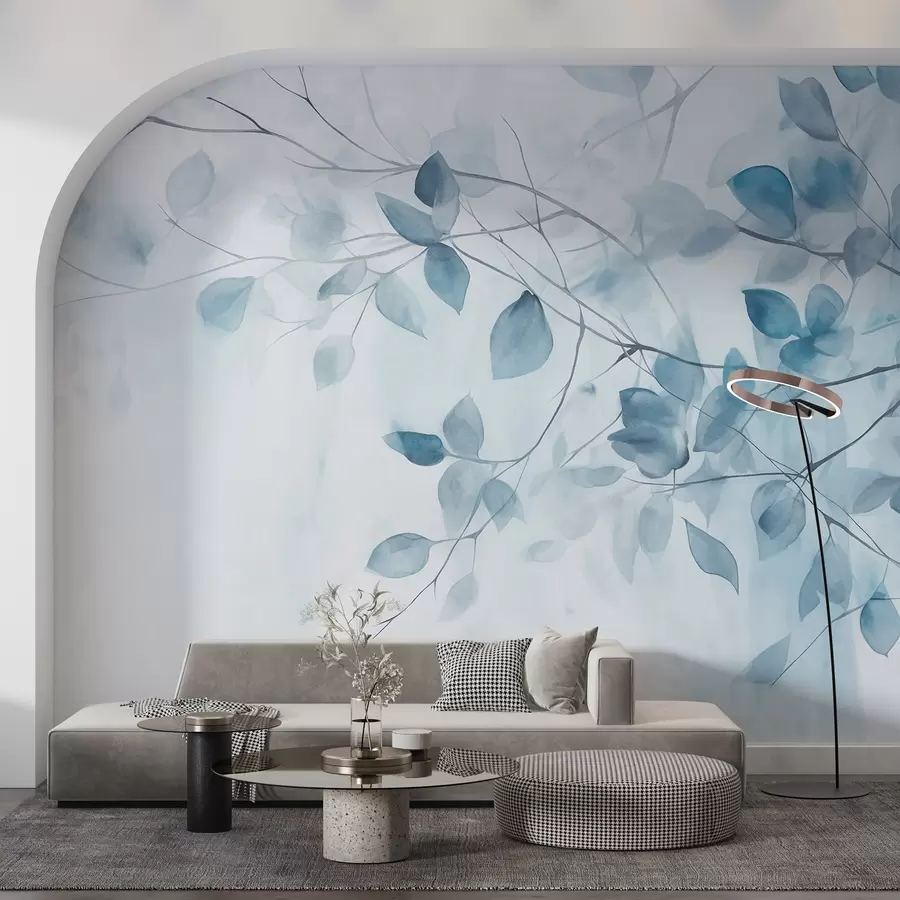 Fototapeta Teksturowy obraz akwarelowy imitujący niebieskie liście i gałęzie, miękkie kolory, delikatne detale na białym tle w09133v1