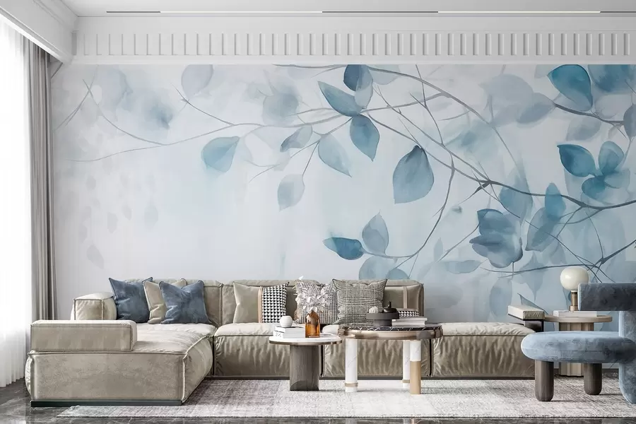Fototapeta Teksturowy obraz akwarelowy imitujący niebieskie liście i gałęzie, miękkie kolory, delikatne detale na białym tle w09133v1