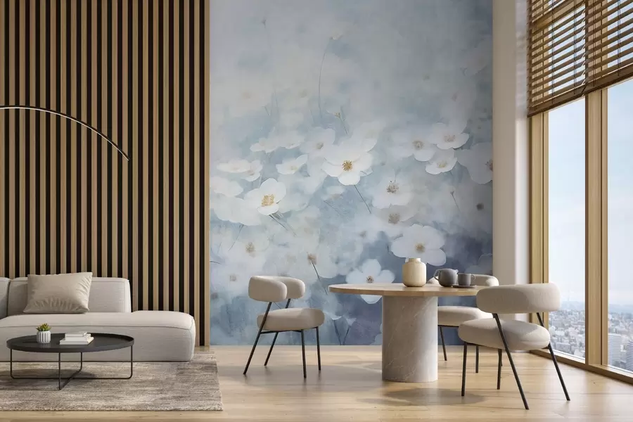 Fototapeta Teksturowane pole białych kwiatów zawilca, miękka ostrość, marzycielska atmosfera, jasnoniebieska i biała paleta kolorów, wiosenna łąka w09134