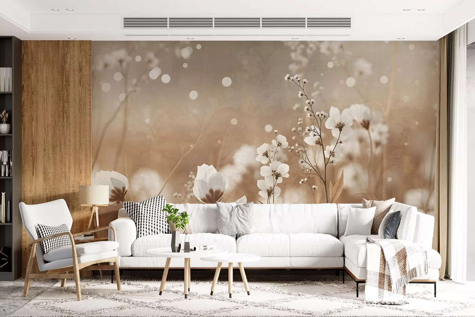 Fototapeta Białe kwiaty z brązowymi łodygami i liśćmi na polu, efekt bokeh, ciepła paleta kolorów, elegancka grafika inspirowana naturą w09135