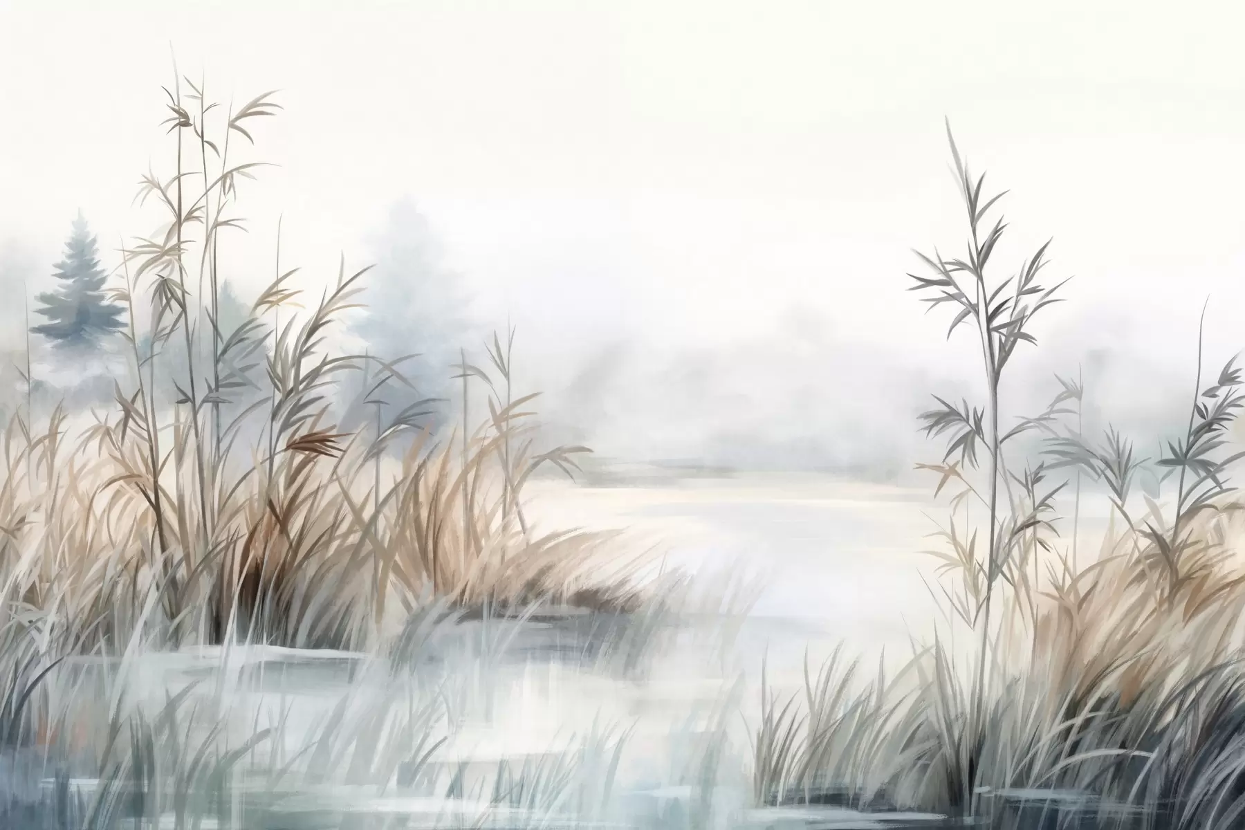 Fototapeta Teksturowany krajobraz jeziora z wysokimi trawami na pierwszym planie, miękki niebieski i brązowy, spokojna woda, drzewa w oddali w09137