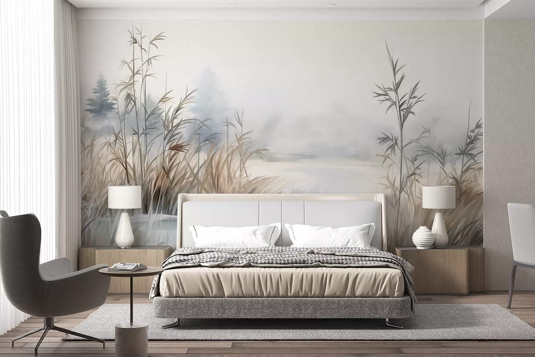 Fototapeta Teksturowany krajobraz jeziora z wysokimi trawami na pierwszym planie, miękki niebieski i brązowy, spokojna woda, drzewa w oddali w09137