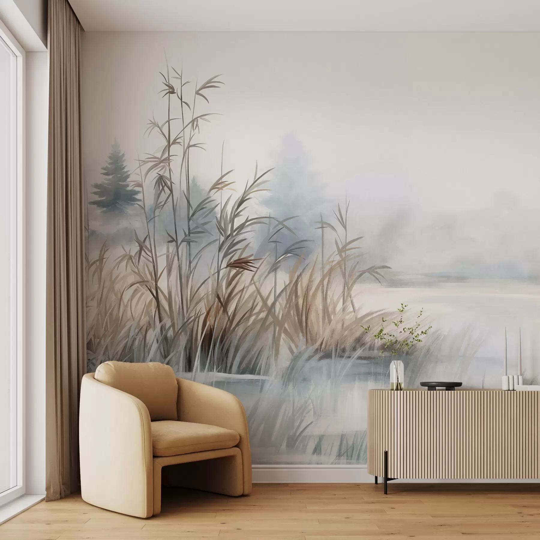 Fototapeta Teksturowany krajobraz jeziora z wysokimi trawami na pierwszym planie, miękki niebieski i brązowy, spokojna woda, drzewa w oddali w09137