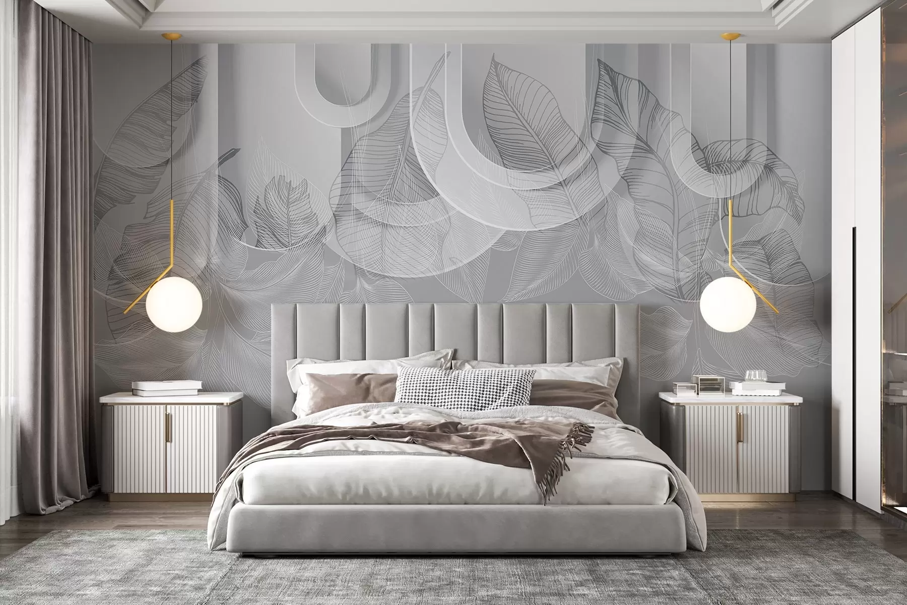 Fototapeta Abstrakcyjne tło z szarymi łukami i białymi tropikalnymi liśćmi, minimalistyczny design, elegancki i nowoczesny, neutralna paleta kolorów w09138