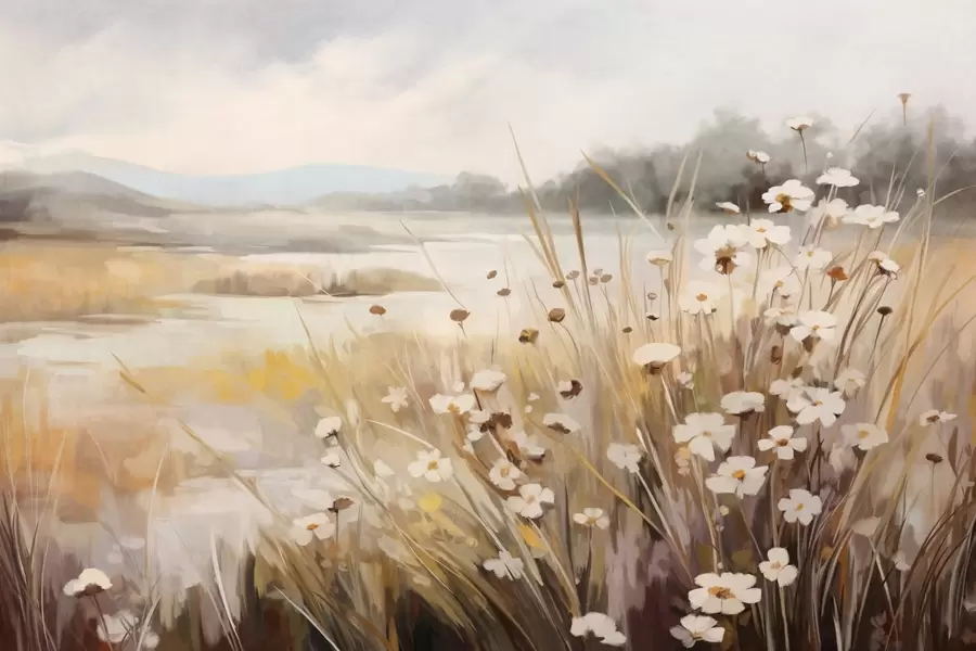 Fototapeta Pole wysokiej trawy i białych stokrotek, drzewa w tle, pod zachmurzonym niebem, teksturowany krajobraz, miękkie pociągnięcia pędzla w09139