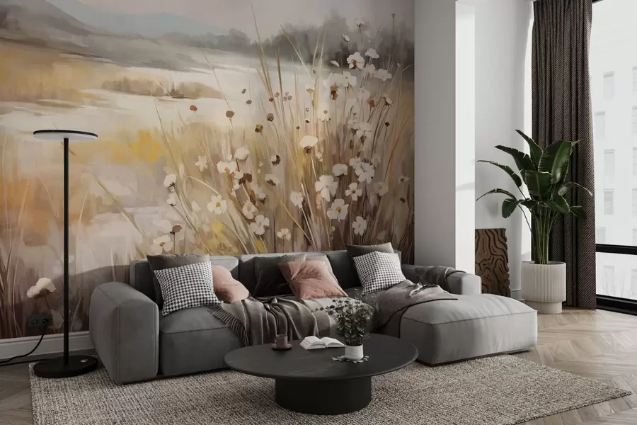 Fototapeta Pole wysokiej trawy i białych stokrotek, drzewa w tle, pod zachmurzonym niebem, teksturowany krajobraz, miękkie pociągnięcia pędzla w09139