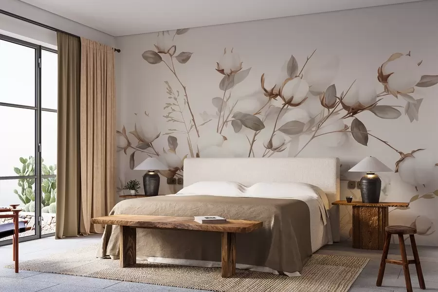 Fototapeta Bawełniane kwiaty z łodygami i liśćmi w jasnobrązowej palecie kolorów, beżowe tło, miękkie i delikatne, styl akwareli w09141