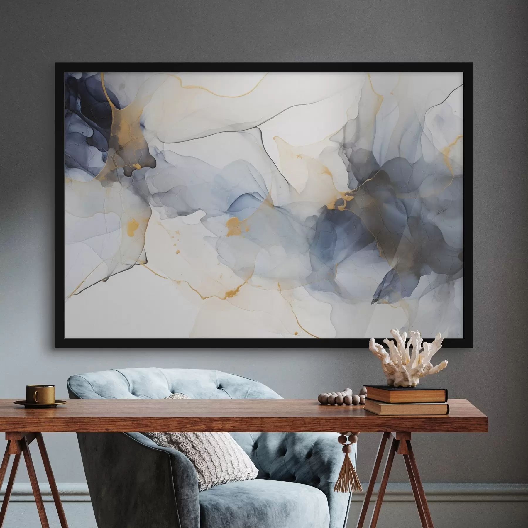 Fototapeta Abstrakcyjny obraz z niebieskim tuszem, płynne i organiczne kształty, delikatne tekstury na białym tle f44397