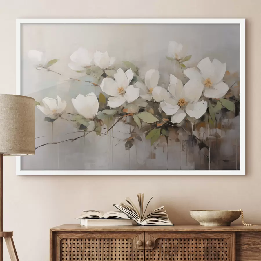 Fototapeta Białe kwiaty magnolii z zielonymi liśćmi na gałęzi, miękkie pociągnięcia pędzla, stonowane kolory f44404