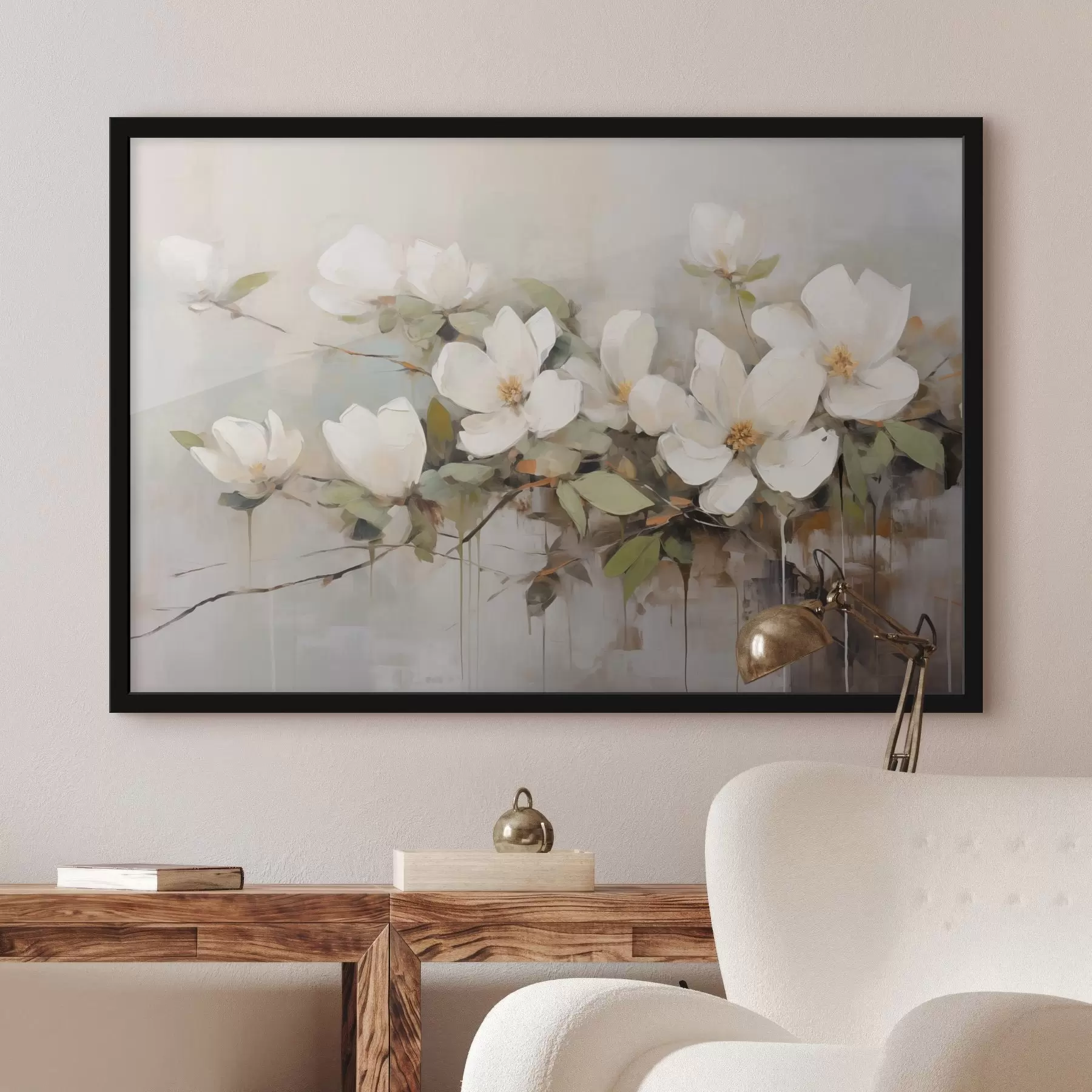Fototapeta Białe kwiaty magnolii z zielonymi liśćmi na gałęzi, miękkie pociągnięcia pędzla, stonowane kolory f44404