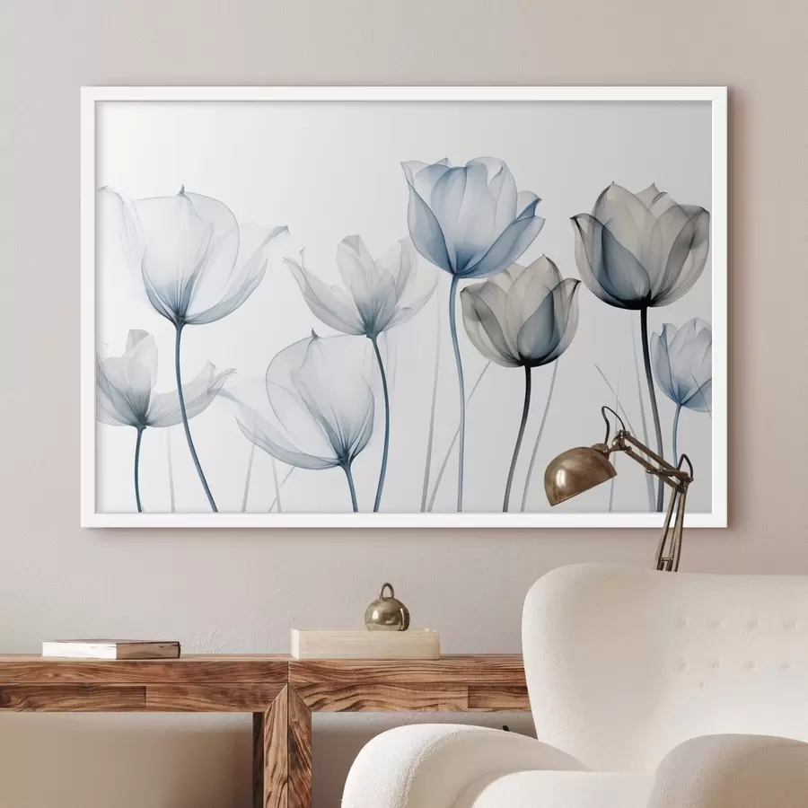 Fototapeta Przezroczyste niebieskie i białe tulipany z długimi łodygami, na białym tle f44409