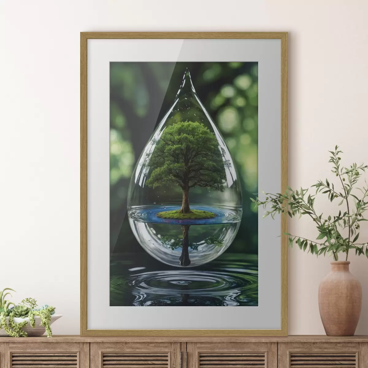 Plakat Kropla z odbiciem drzewa f44480