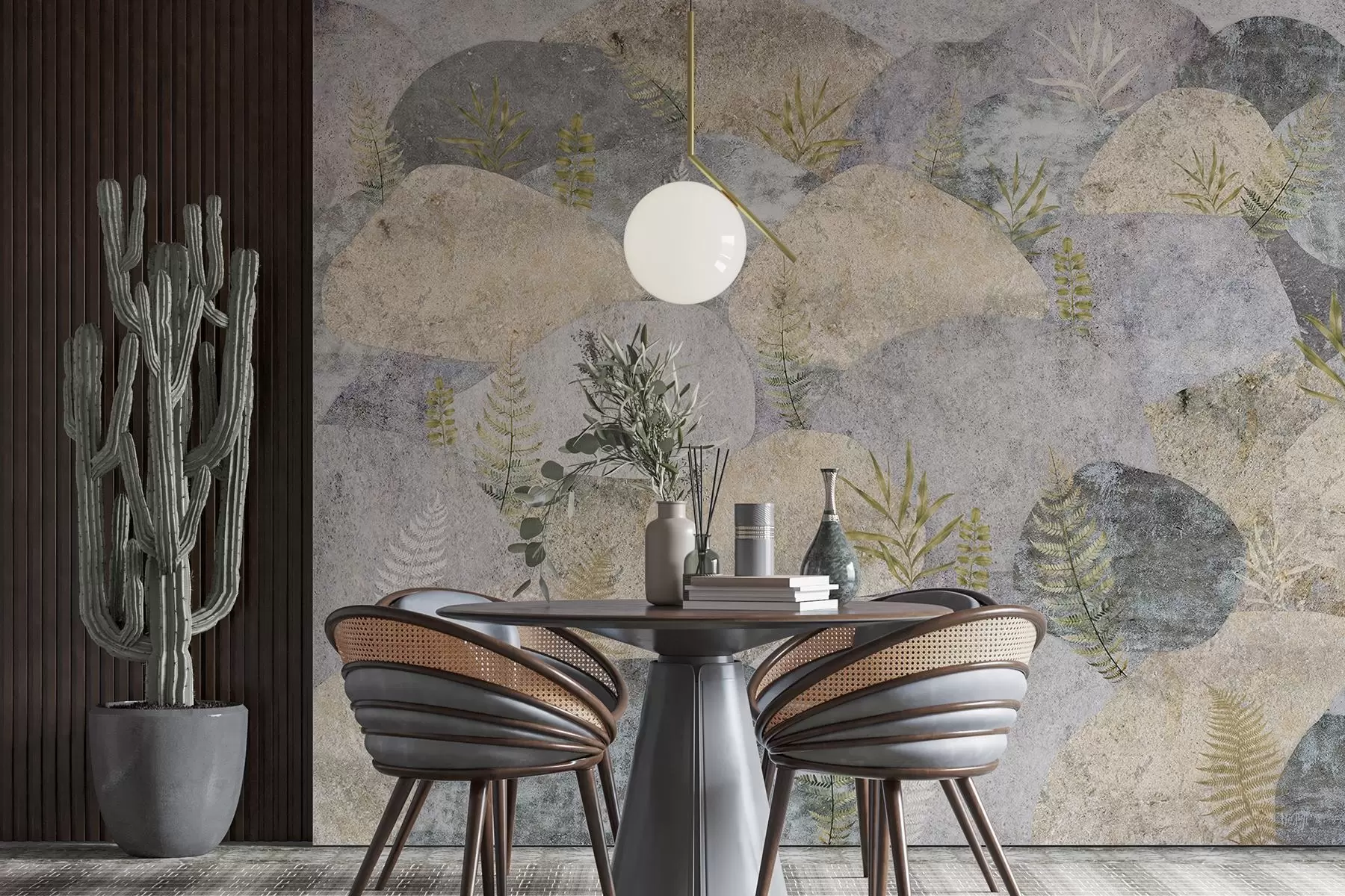 Fototapeta Kamienie z roślinami, paproć, nordic, styl rustykalny, kolory szary i piaskowy w04064