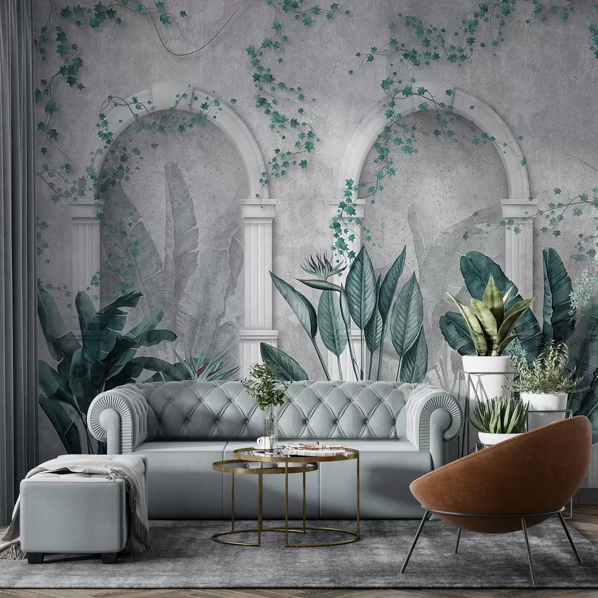 Fototapeta Betonowa ściana z łukami i tropikalnymi roślinami, kwiatowe, niebieskie kolory w04065v2