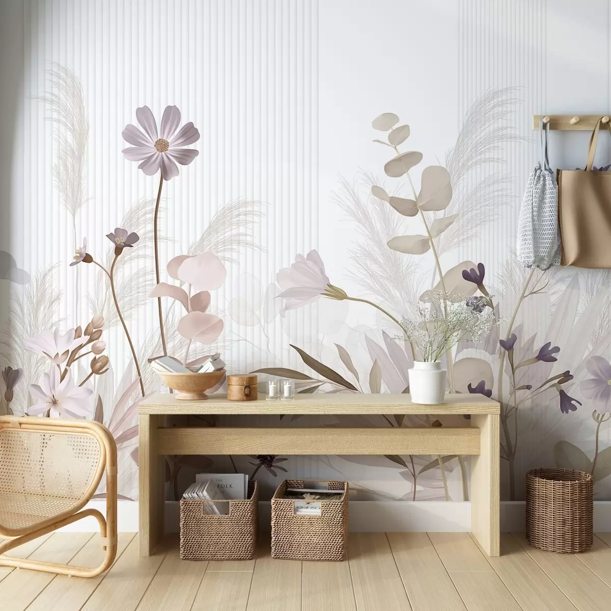 Fototapeta Kwiaty w pastelowych kolorach, jasnobrązowe liście, białe tło z pionowymi liniami, eleganckie i minimalistyczne  w09161