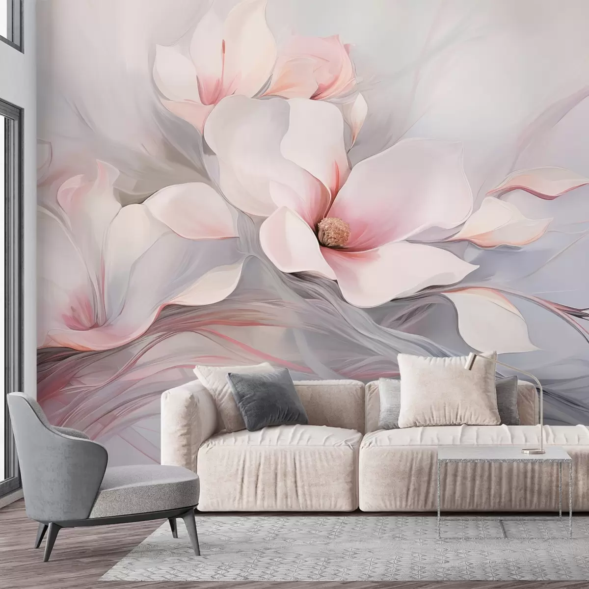 Fototapeta Delikatne kwiaty magnolii z różowymi płatkami i białymi liśćmi, gładka tekstura, płynne linie w09165