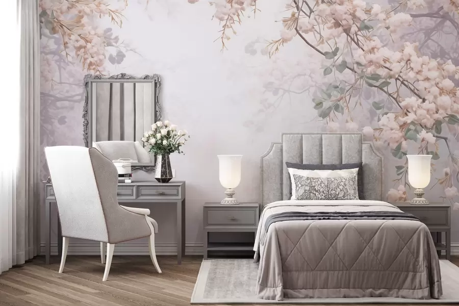 Fototapeta Gałęzie kwitnącego drzewa we mgle w04062