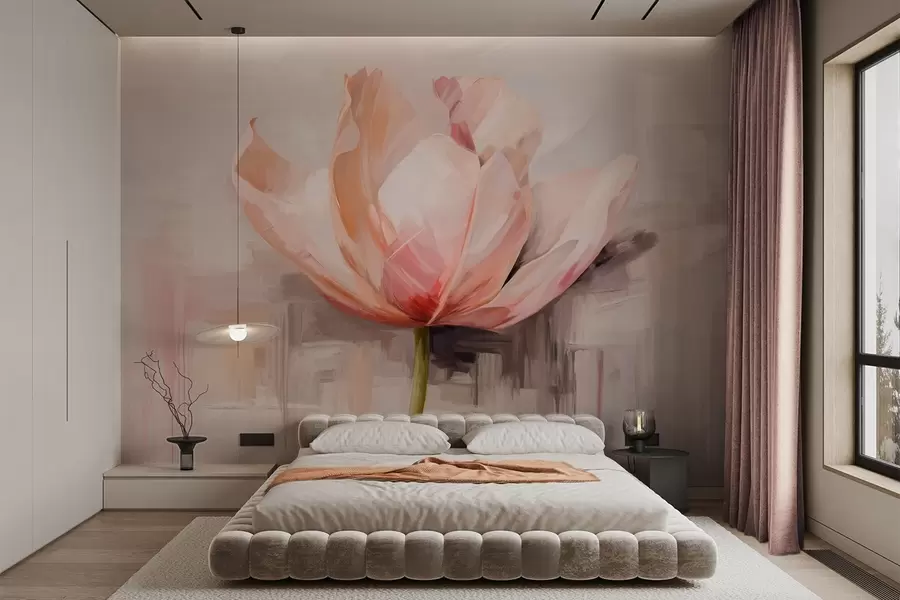 Fototapeta Różowy tulipan, imitacja obrazu olejnego z miękkimi pociągnięciami pędzla, abstrakcyjne tło z pastelowymi odcieniami szarości i beżu w09187