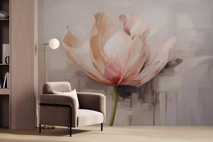 Fototapeta Różowy tulipan, imitacja obrazu olejnego z miękkimi pociągnięciami pędzla, abstrakcyjne tło z pastelowymi odcieniami szarości i beżu w09187