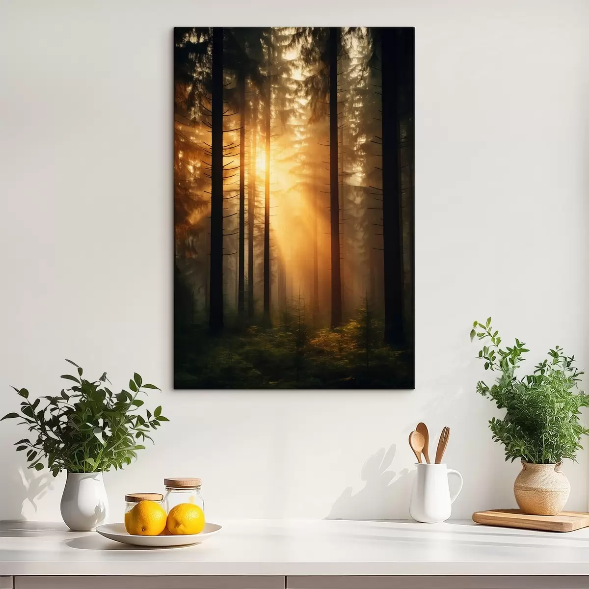 Obraz Gęsty las sosnowy w świetle zachodzącego słońca, realizm, natura s44615