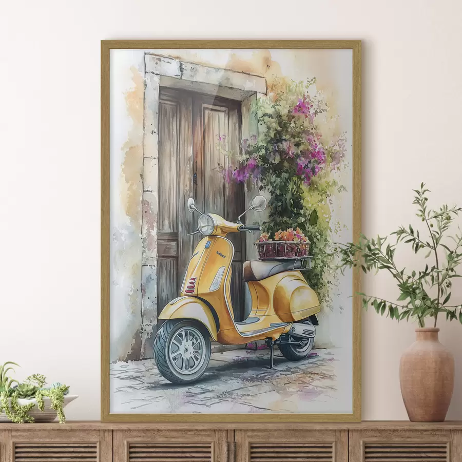 Fototapeta Żółty skuter Vespa w pobliżu drewnianych drzwi z kwiatami f44607