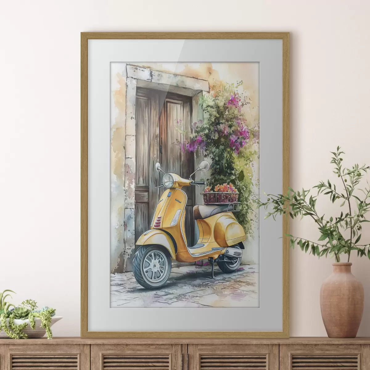 Plakat Żółty skuter Vespa w pobliżu drewnianych drzwi z kwiatami f44607