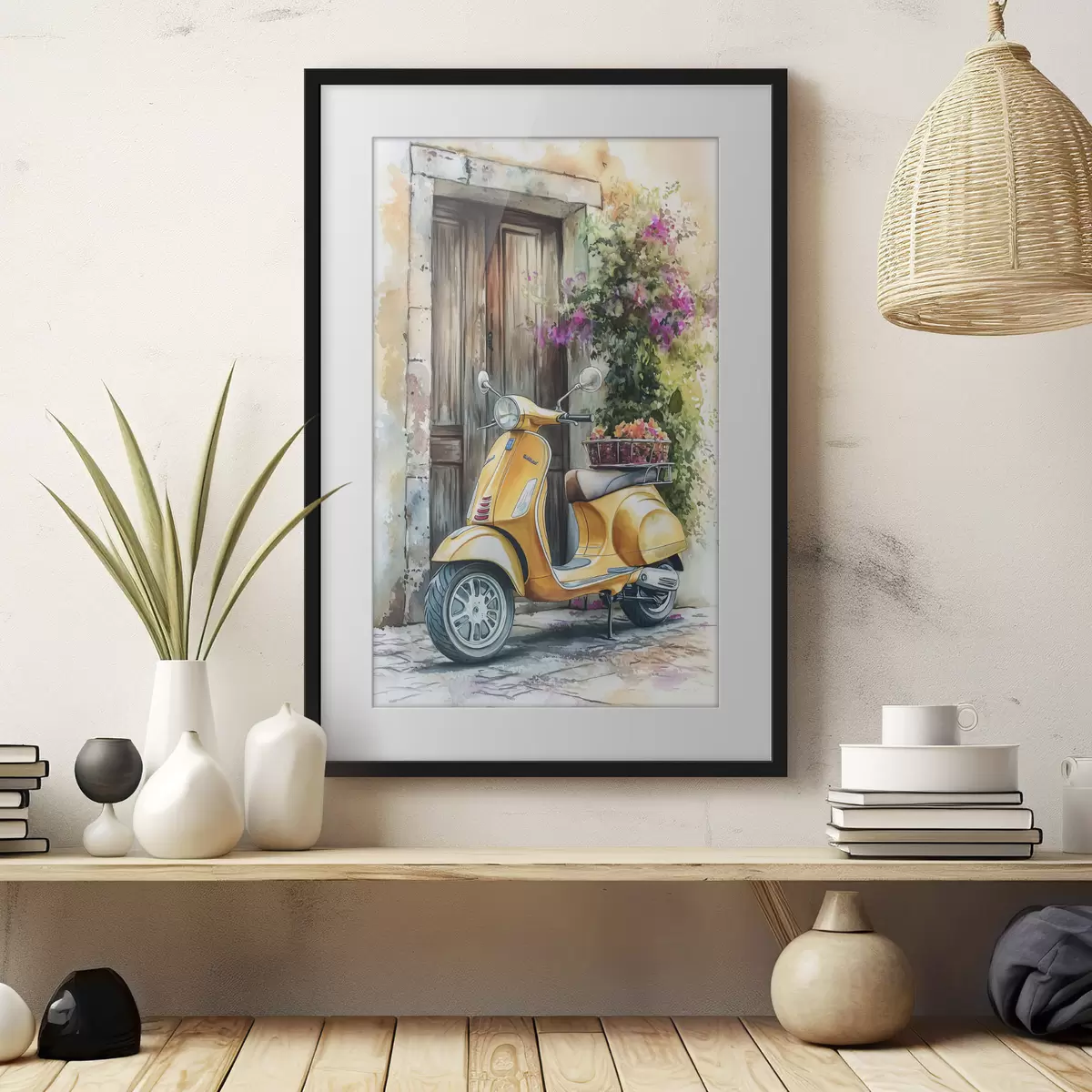 Plakat Żółty skuter Vespa w pobliżu drewnianych drzwi z kwiatami f44607