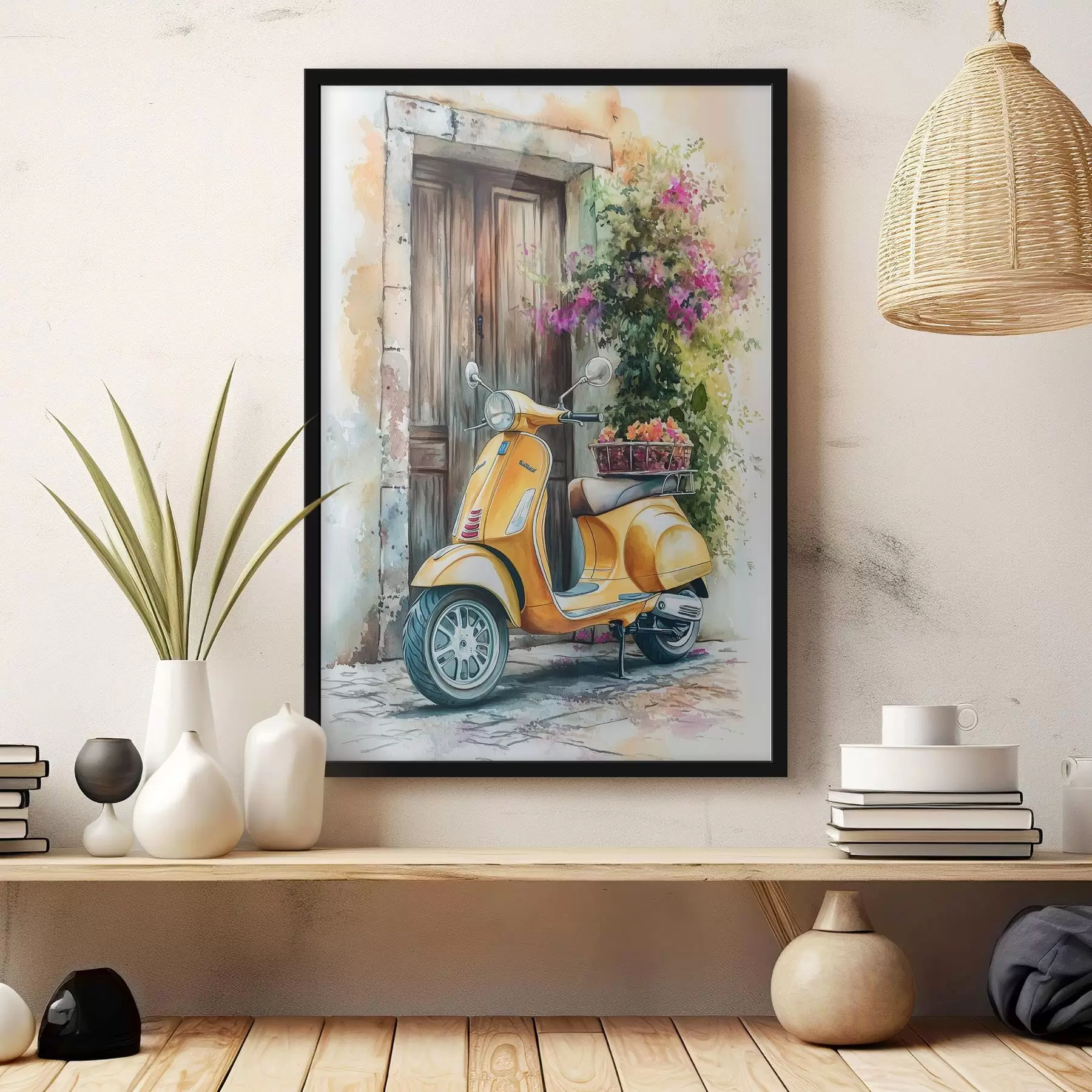 Fototapeta Żółty skuter Vespa w pobliżu drewnianych drzwi z kwiatami f44607