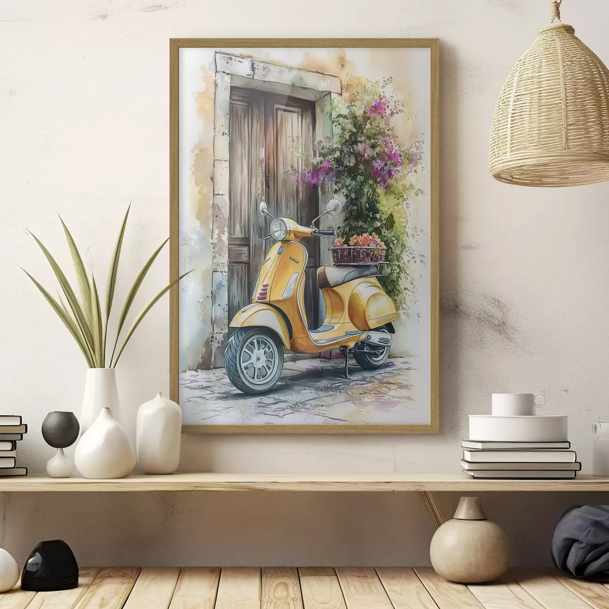 Plakat Żółty skuter Vespa w pobliżu drewnianych drzwi z kwiatami f44607