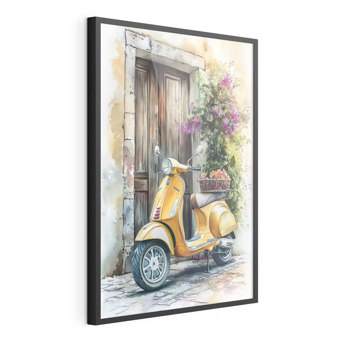 Plakat Żółty skuter Vespa w pobliżu drewnianych drzwi z kwiatami f44607