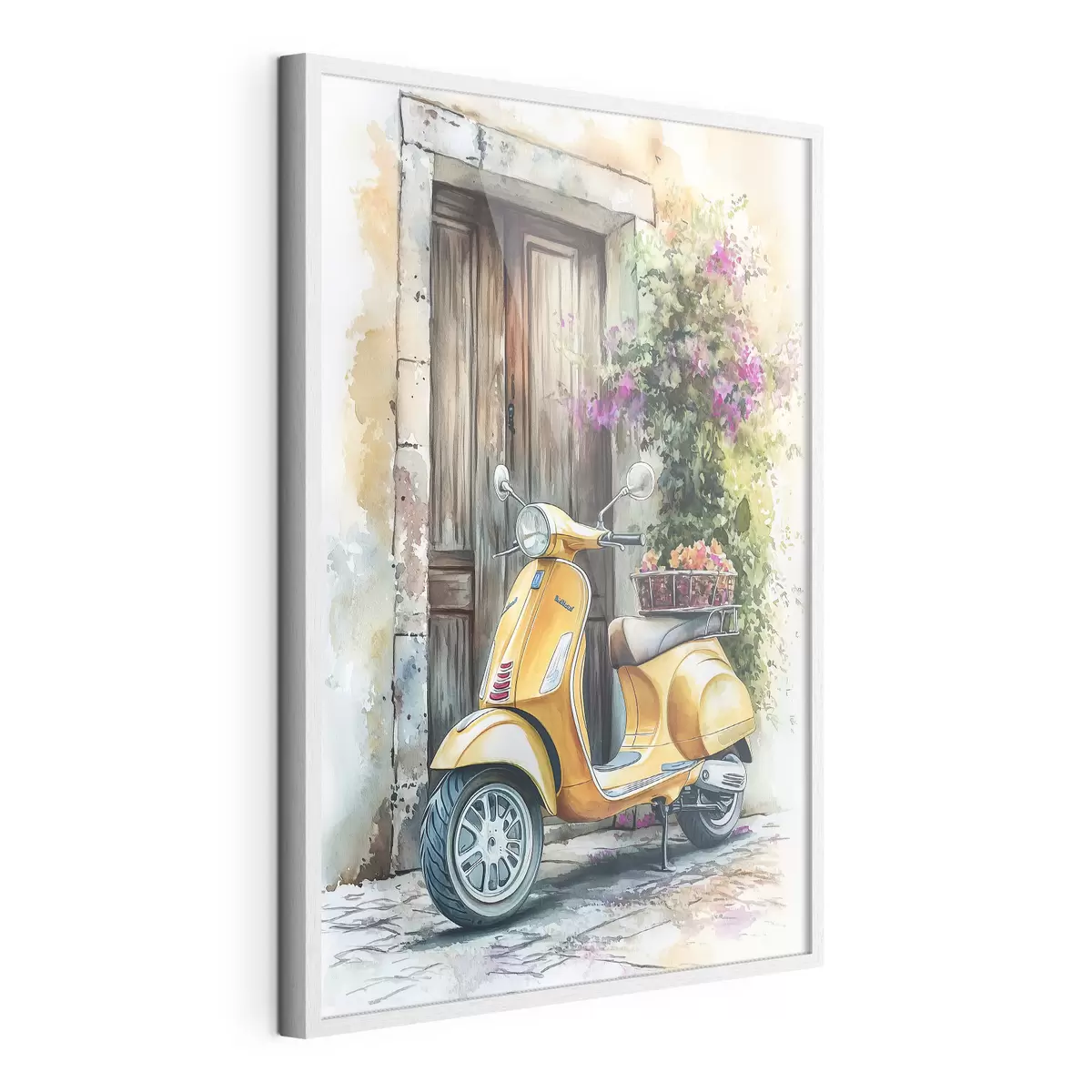 Plakat Żółty skuter Vespa w pobliżu drewnianych drzwi z kwiatami f44607