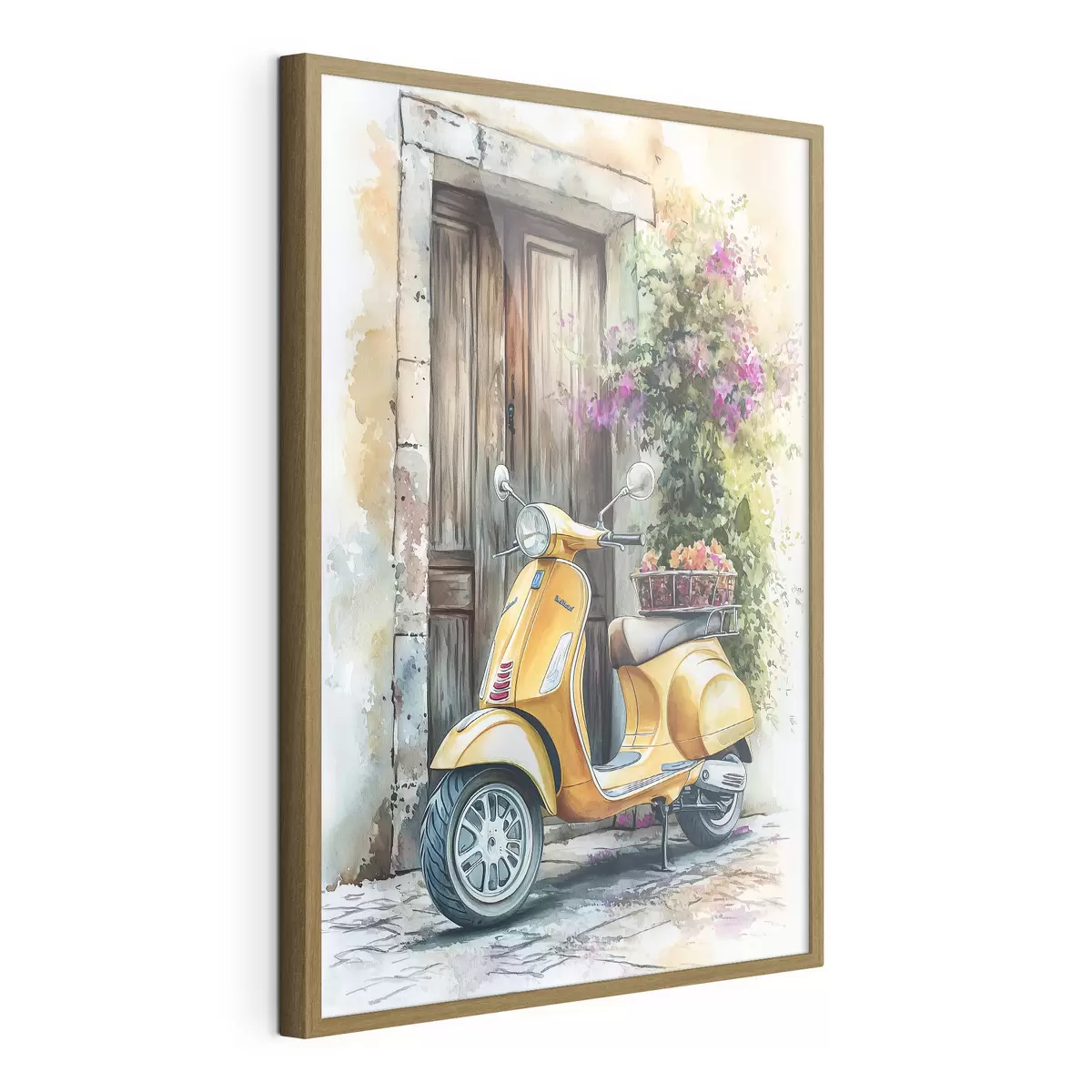 Plakat Żółty skuter Vespa w pobliżu drewnianych drzwi z kwiatami f44607