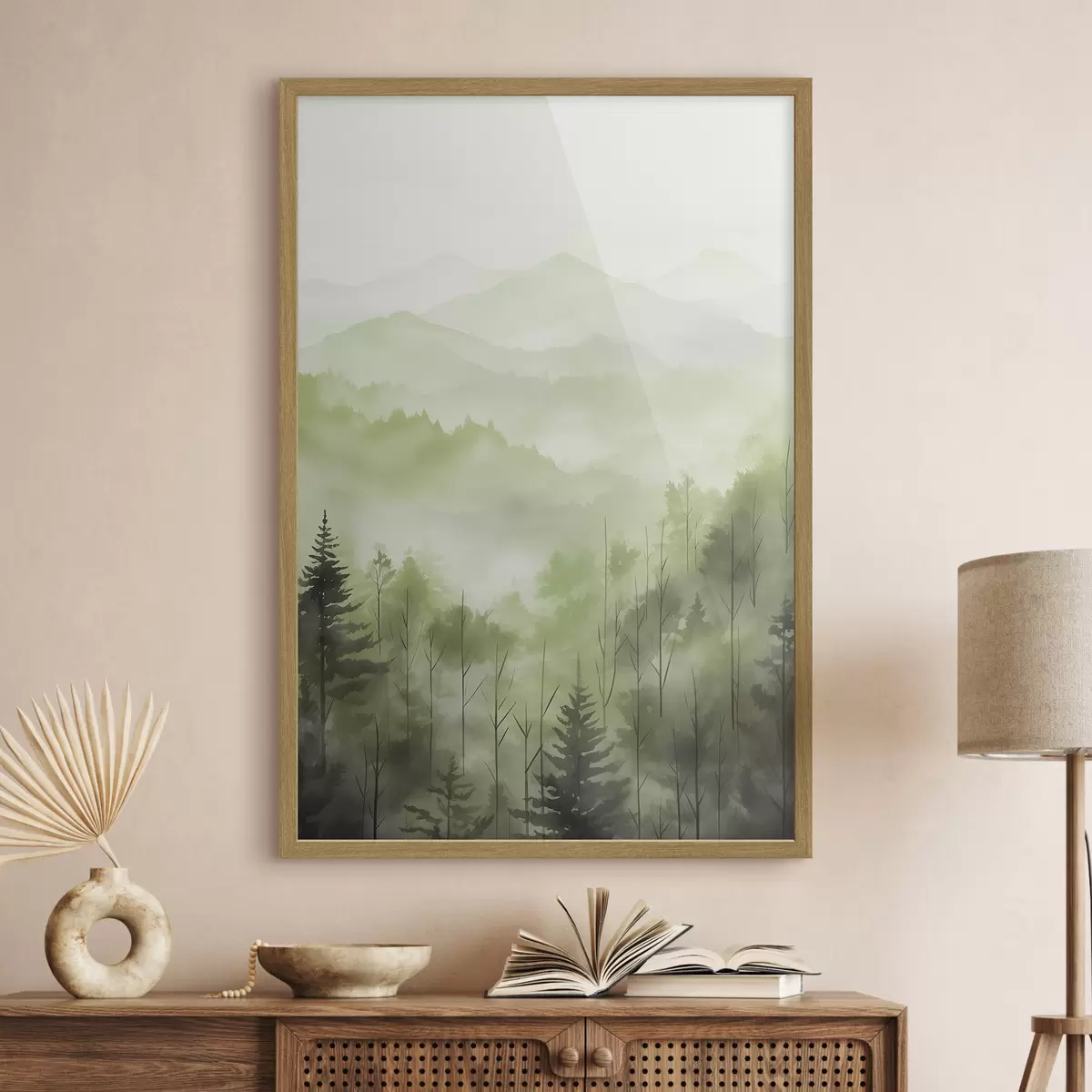 Plakat Góry z leśnym krajobrazem, zielone kolory, styl akwareli f44606