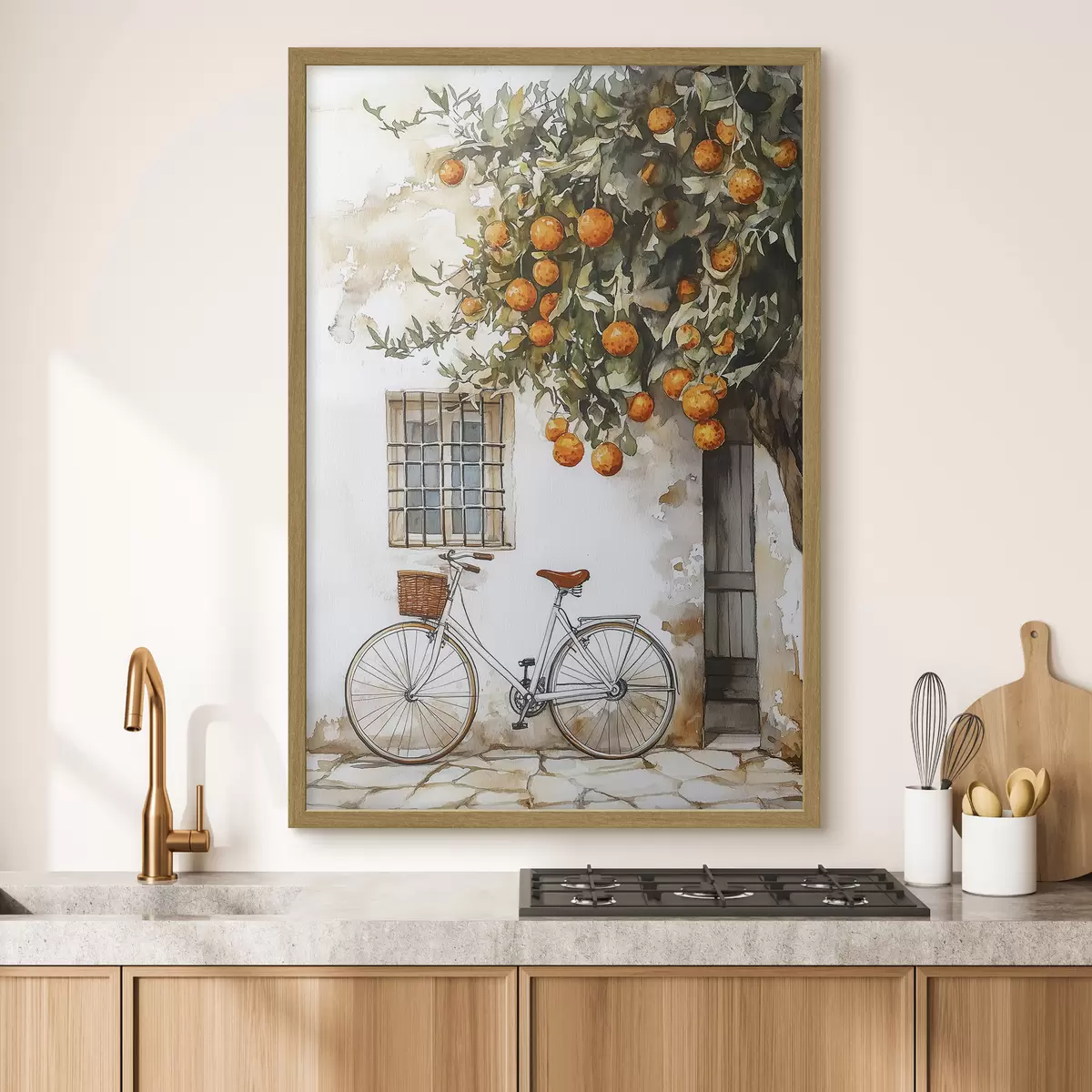 Plakat Śródziemnomorski biały dom z drzewem pomarańczowym i rowerem f44610