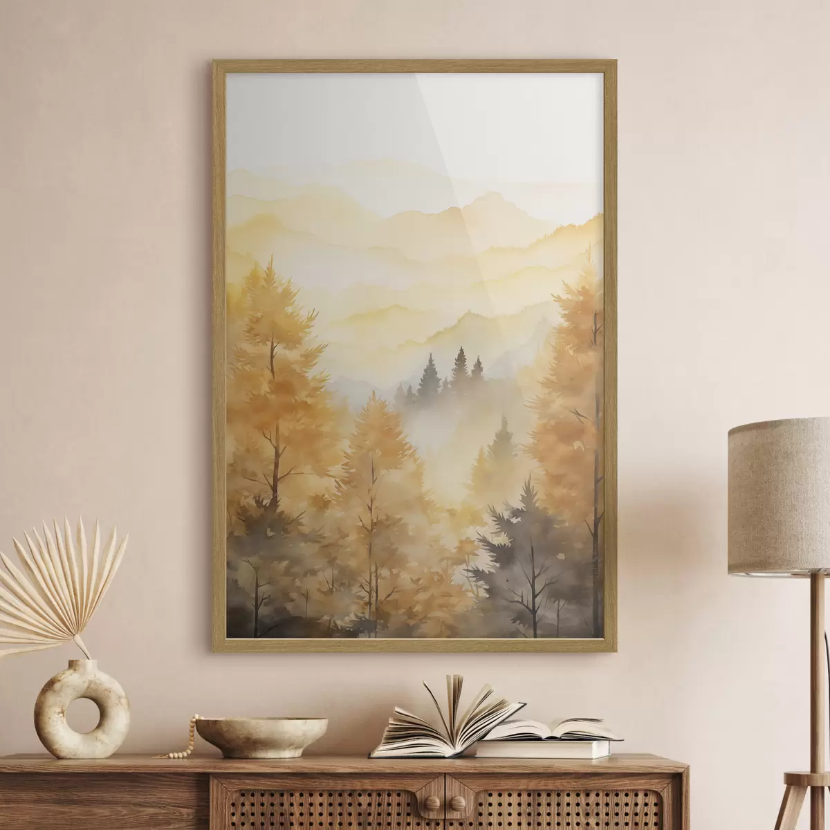 Plakat Piękny jesienny las z górami w tle f44614
