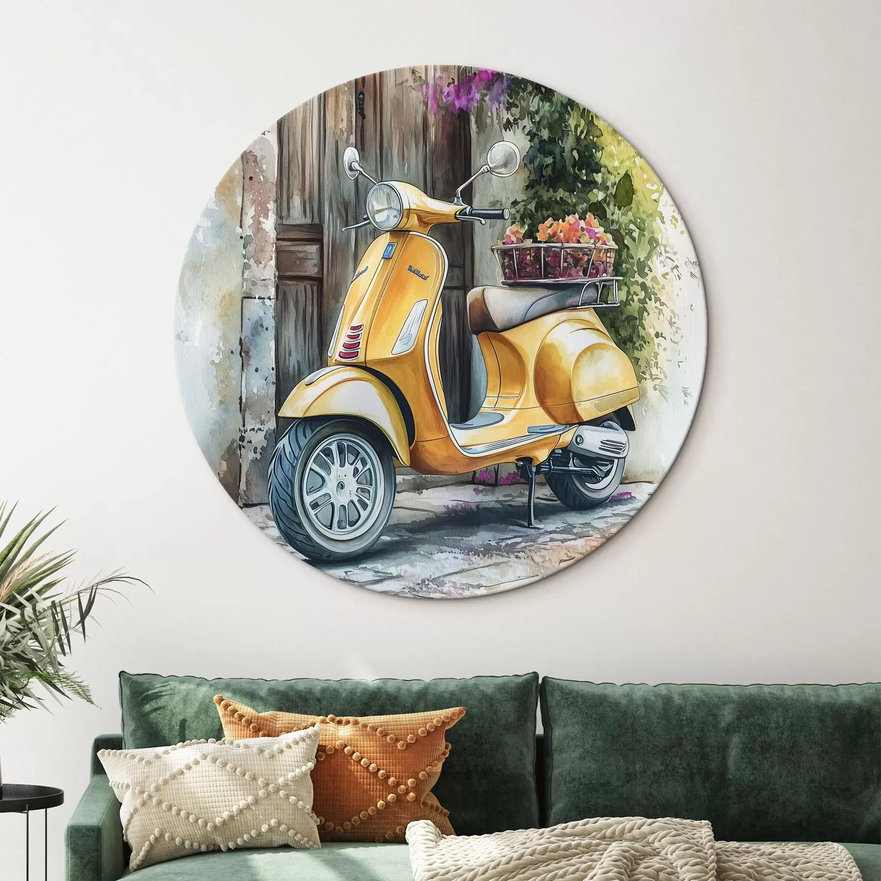 Obraz Żółty skuter Vespa w pobliżu drewnianych drzwi z kwiatami r44607