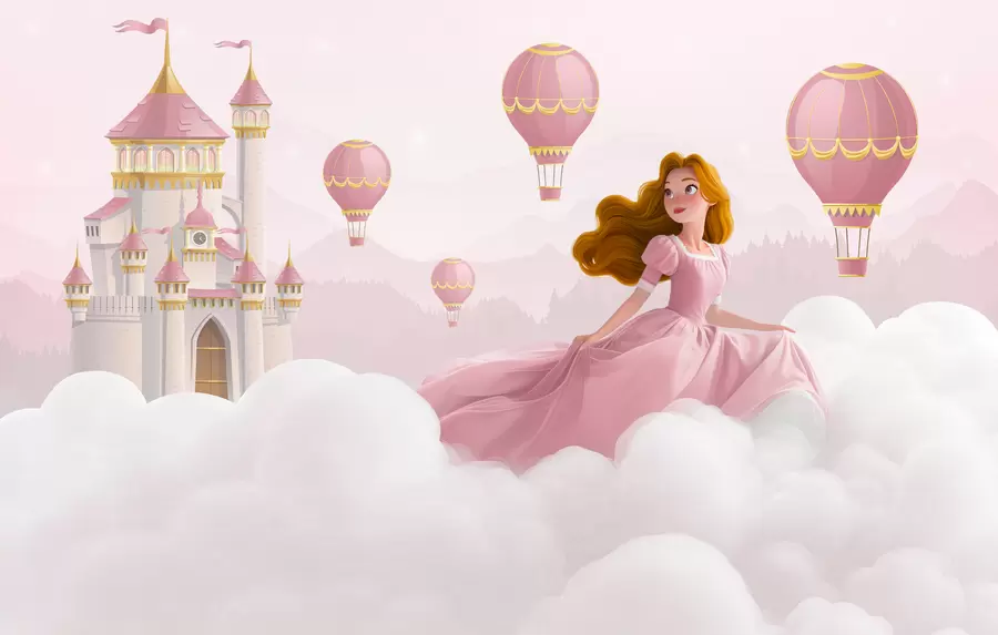 Fototapeta Księżniczka wśród chmur na tle krajobrazu z zamkiem w04015v1