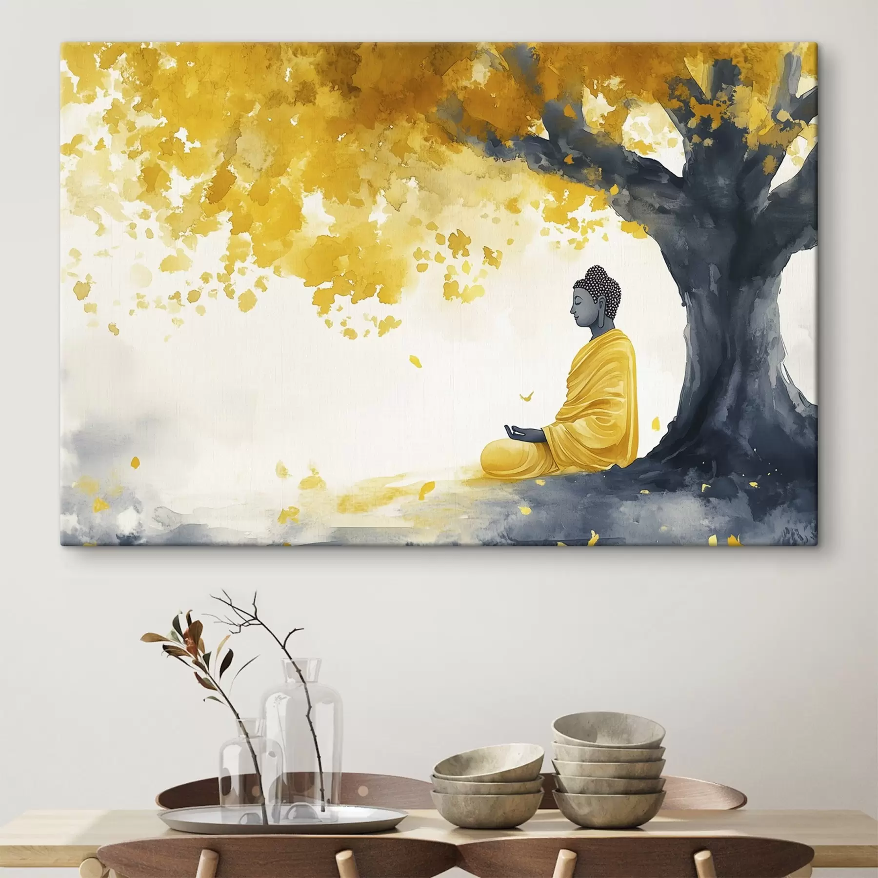 Fototapeta Medytujący Budda pod drzewem, kolory żółty i szary s44509