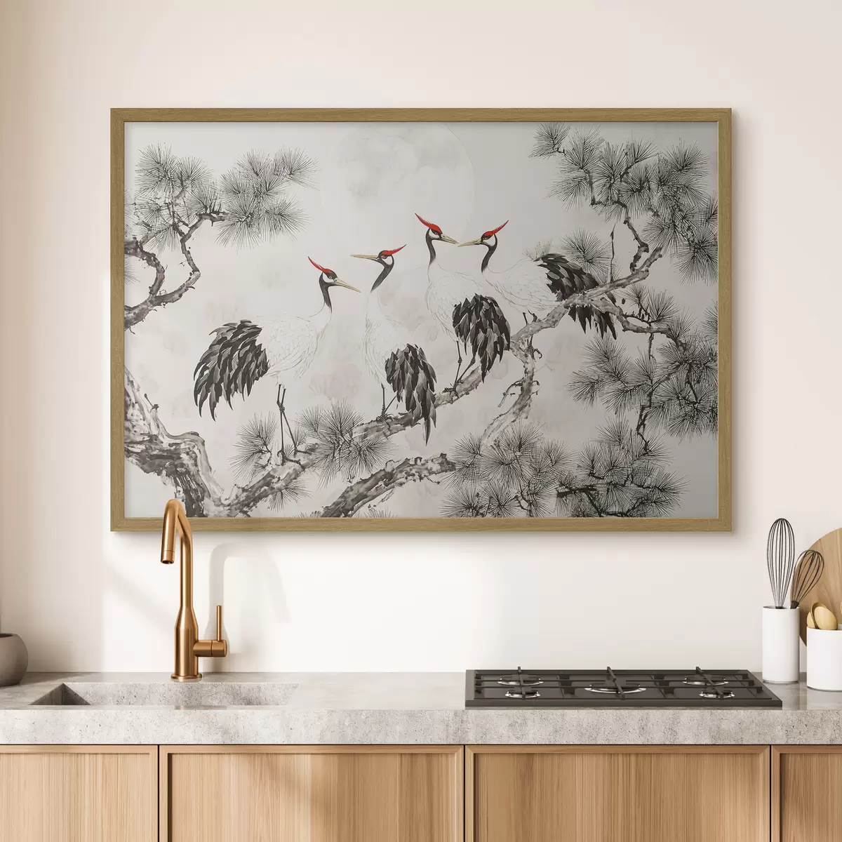 Plakat Chińska sztuka z żurawiami i sosnami, styl orientalny, natura f44503