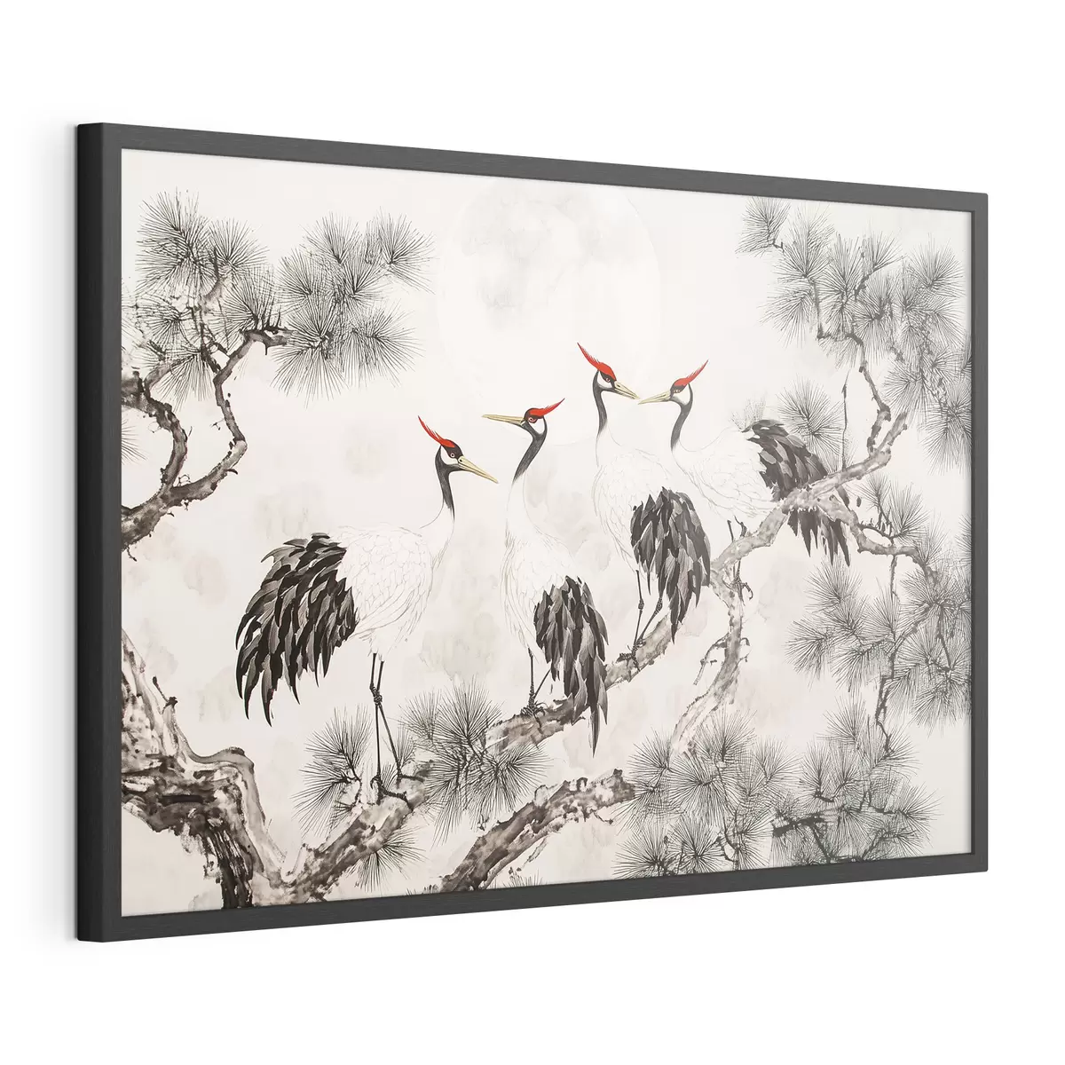 Plakat Chińska sztuka z żurawiami i sosnami, styl orientalny, natura f44503